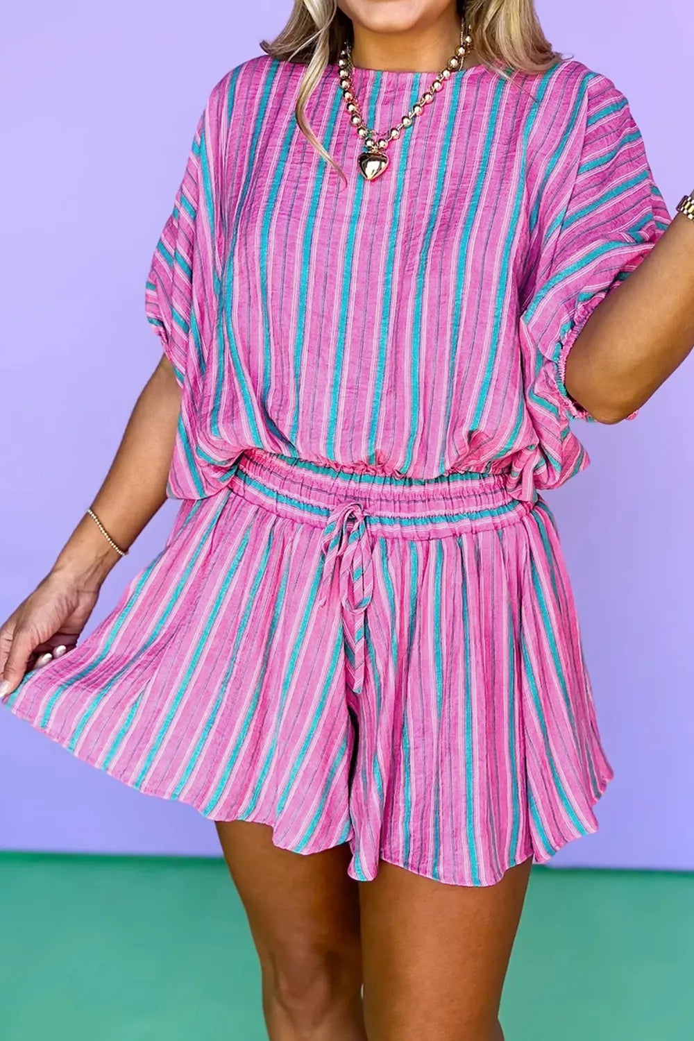 Stripe Dolman short sleeve blouse with drawstring elastic waist, paired with loose matching shorts, by Shopimist.