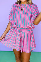 Stripe Dolman short sleeve blouse with drawstring elastic waist, paired with loose matching shorts, by Shopimist.