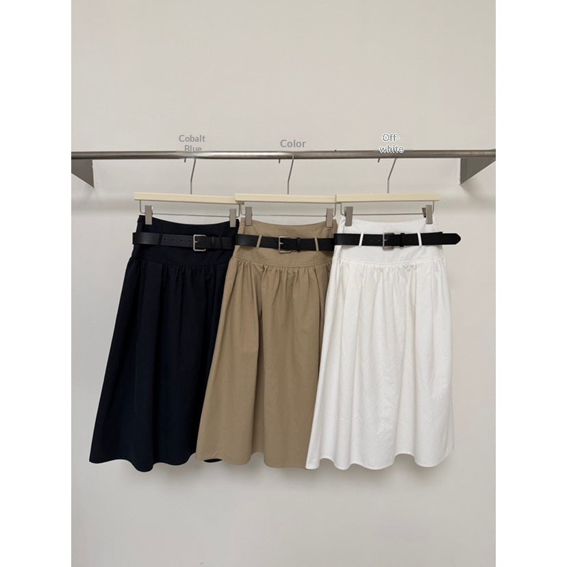 Relaxed FitiqueFit cotton A-line midi skirt with crushed pleats and belt, perfect casualwear for a stylish, comfortable look.