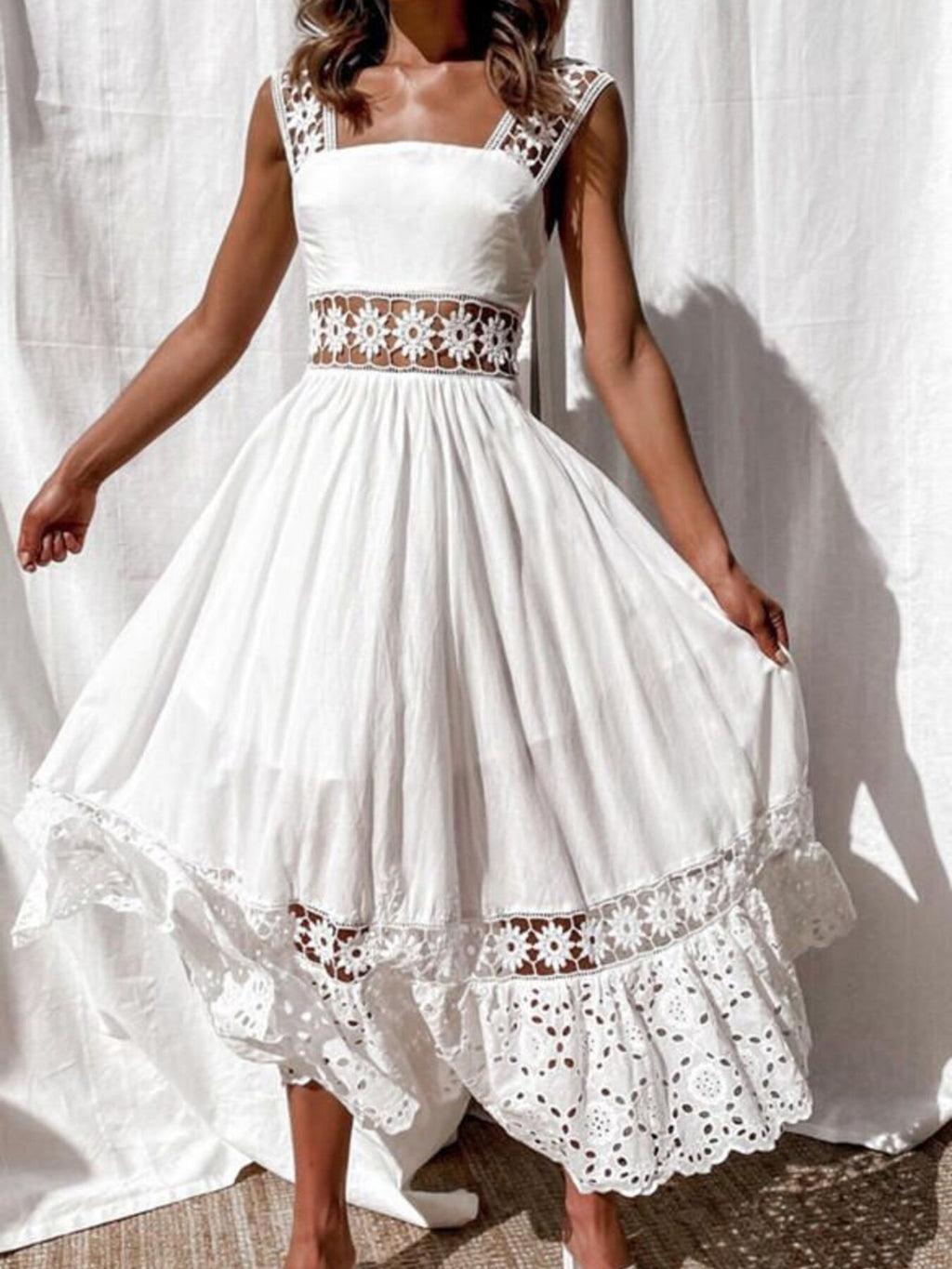 Plus size openwork crochet sleeveless midi dress by Trendsi, boho summer beachwear in a stylish, airy design perfect for warm weather.