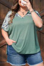 Mazie Mist Ribbed Patchwork Plus Tee by Threaded Pear, plus size top with colorful patchwork design and ribbed fabric.