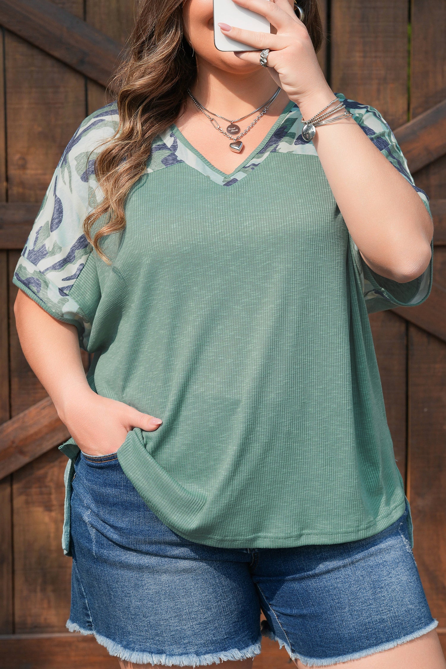 Mazie Mist Ribbed Patchwork Plus Tee by Threaded Pear, plus size top with colorful patchwork design and ribbed fabric.