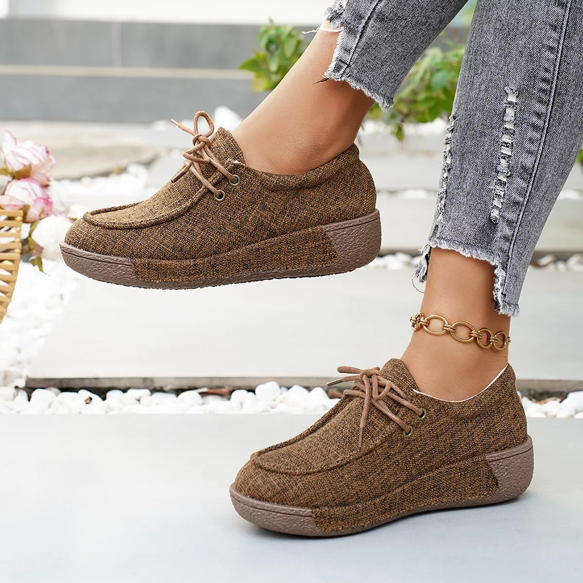 Trendsi round toe lace-up sneakers in footwear, featuring a sleek design with white laces and a comfortable rubber sole.