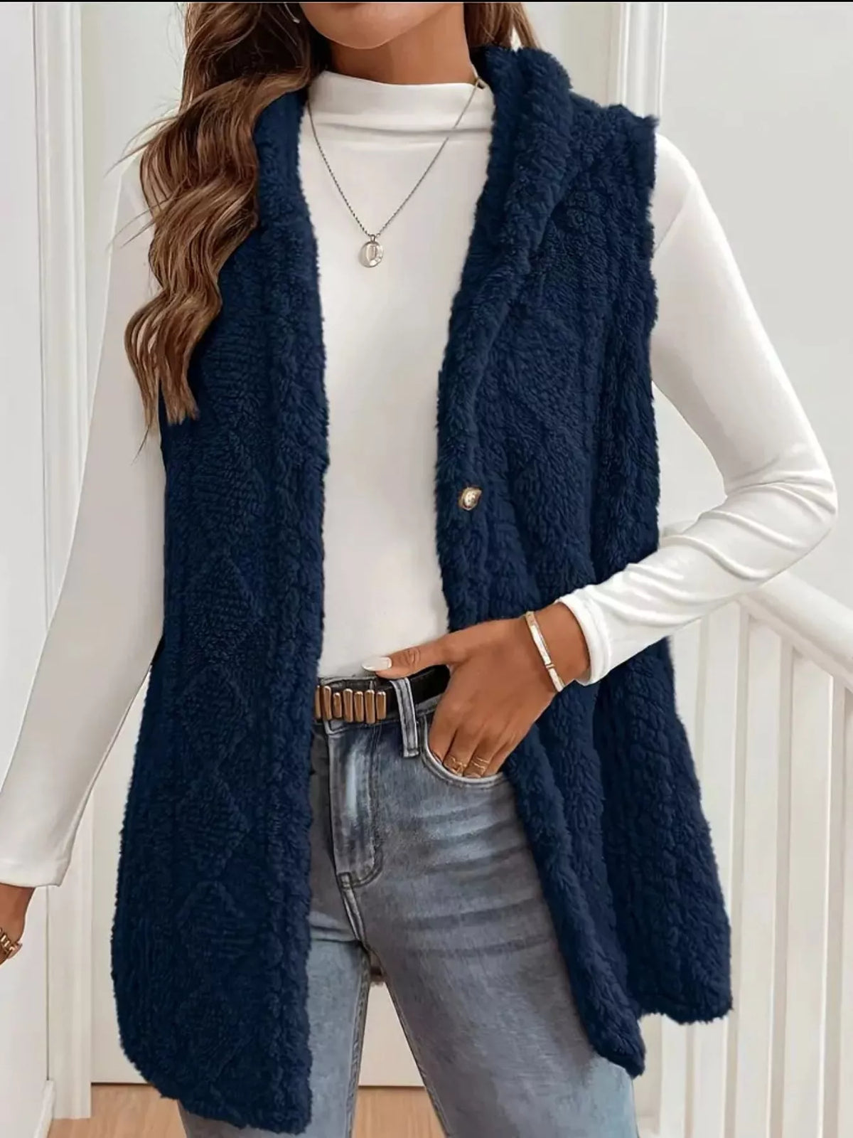 Simply Love hooded button-up Sherpa vest coat with a cozy fleece lining and front pockets, perfect for cold weather.