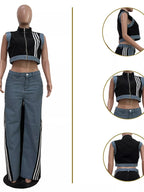 Zip front crop top and striped pants set by Shopimist, featuring a fitted crop top and matching high-waisted striped pants.