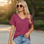 Women's FitiqueFit V-neck pleated loose-fit casual T-shirt, lightweight summer top with a relaxed fit and elegant design.