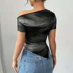 Women’s tie-dye one-shoulder mesh ruched top by Plush Fashion Hub, casualwear with asymmetrical stretch design for stylish outings.