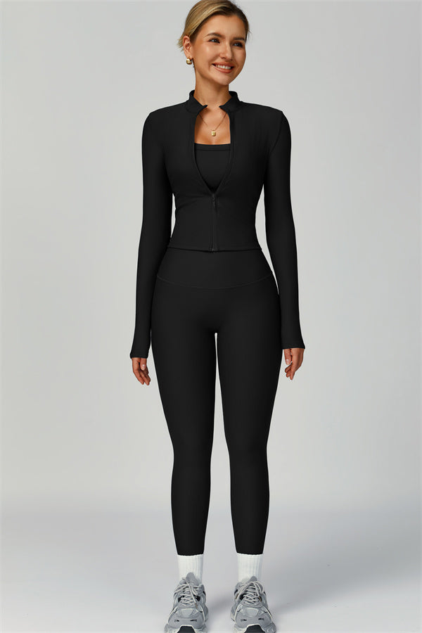 Fitglutes Activewear sports bra, jacket, and leggings 3-piece set featuring breathable fabric and stylish workout clothing for women.