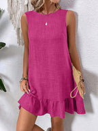 Women's ruffle lace-up mini dress by Plush Fashion Hub featuring short sleeves and a loose, beach-ready style.