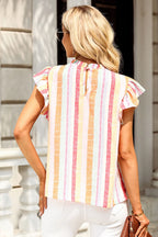 Women's ruffled striped cap sleeve blouse from Trendsi, lightweight casual chic top with ruffle details and cap sleeves.