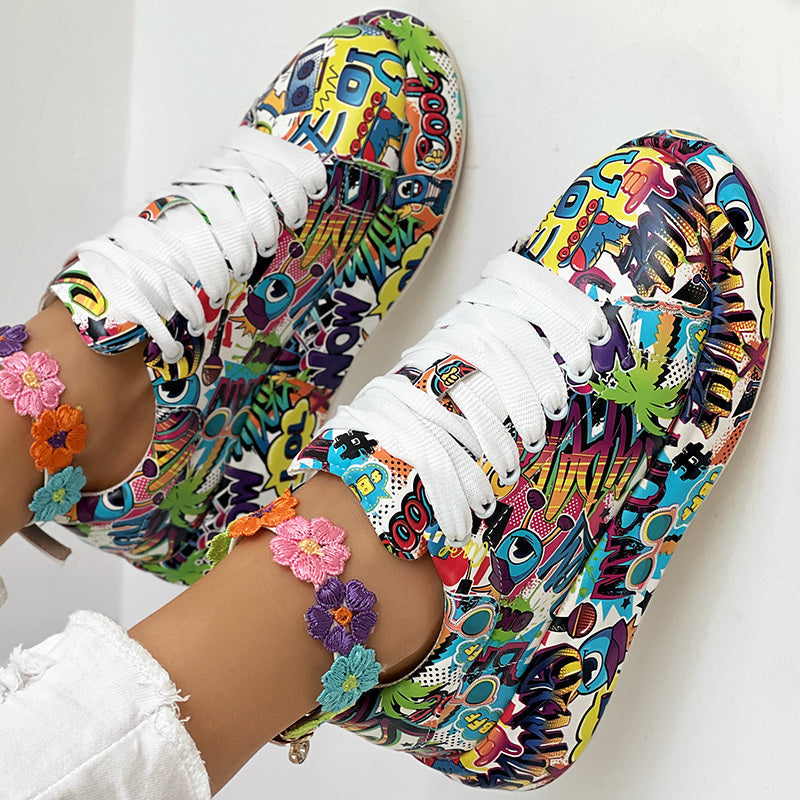 Women’s round-toe thick-sole lace-up sneakers by Plush Fashion Hub, casual print shoes with stylish footwear design.