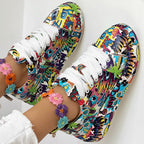 Women’s round-toe thick-sole lace-up sneakers by Plush Fashion Hub, casual print shoes with stylish footwear design.