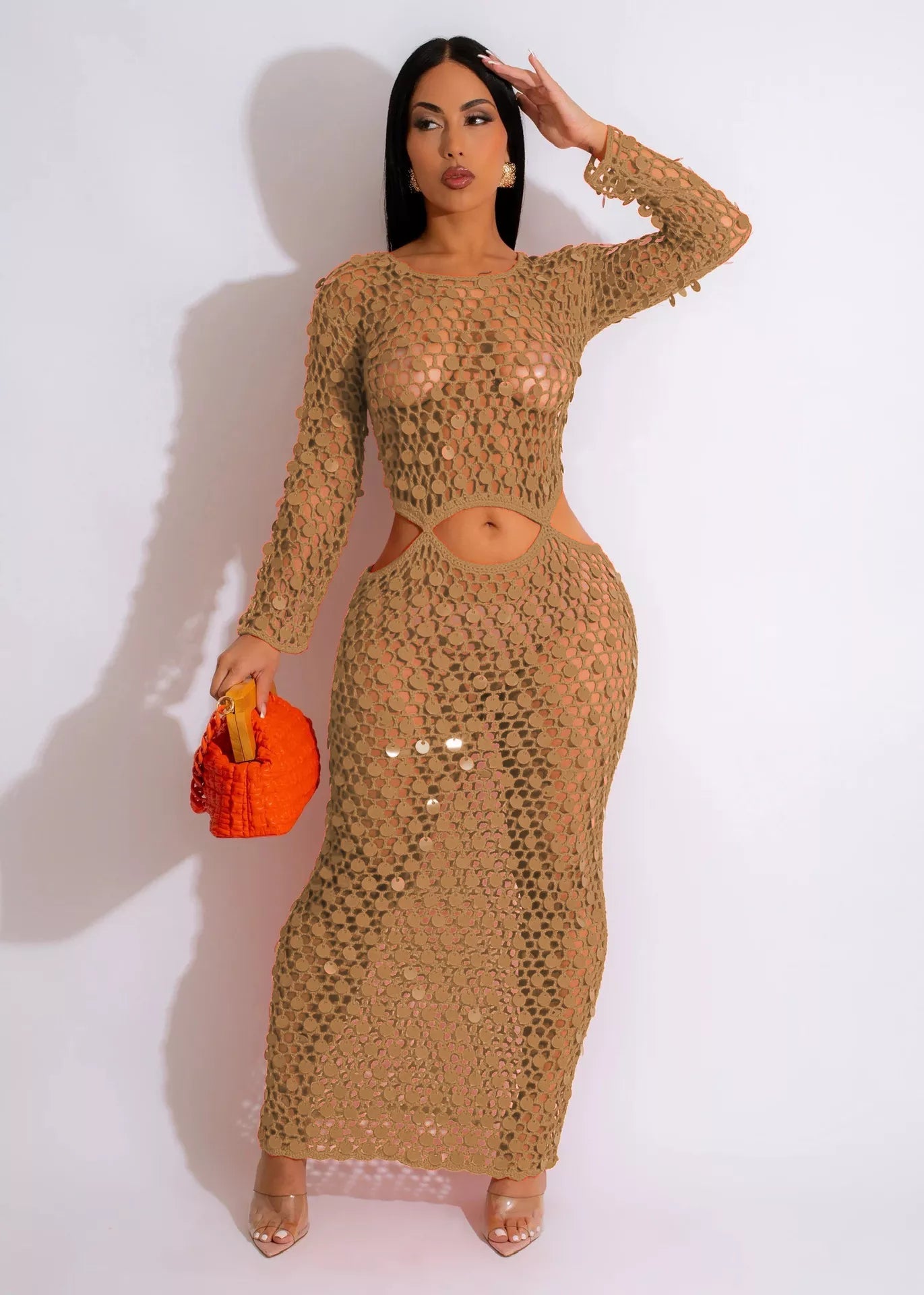Sequin mesh cutout maxi dress by Plush Fashion Hub featuring shimmering sequins and stylish cutout details.
