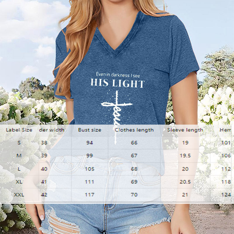 Women's FitiqueFit V-neck T-shirt with geometric cross design, casual short sleeve summer top, comfortable and stylish everyday wear.