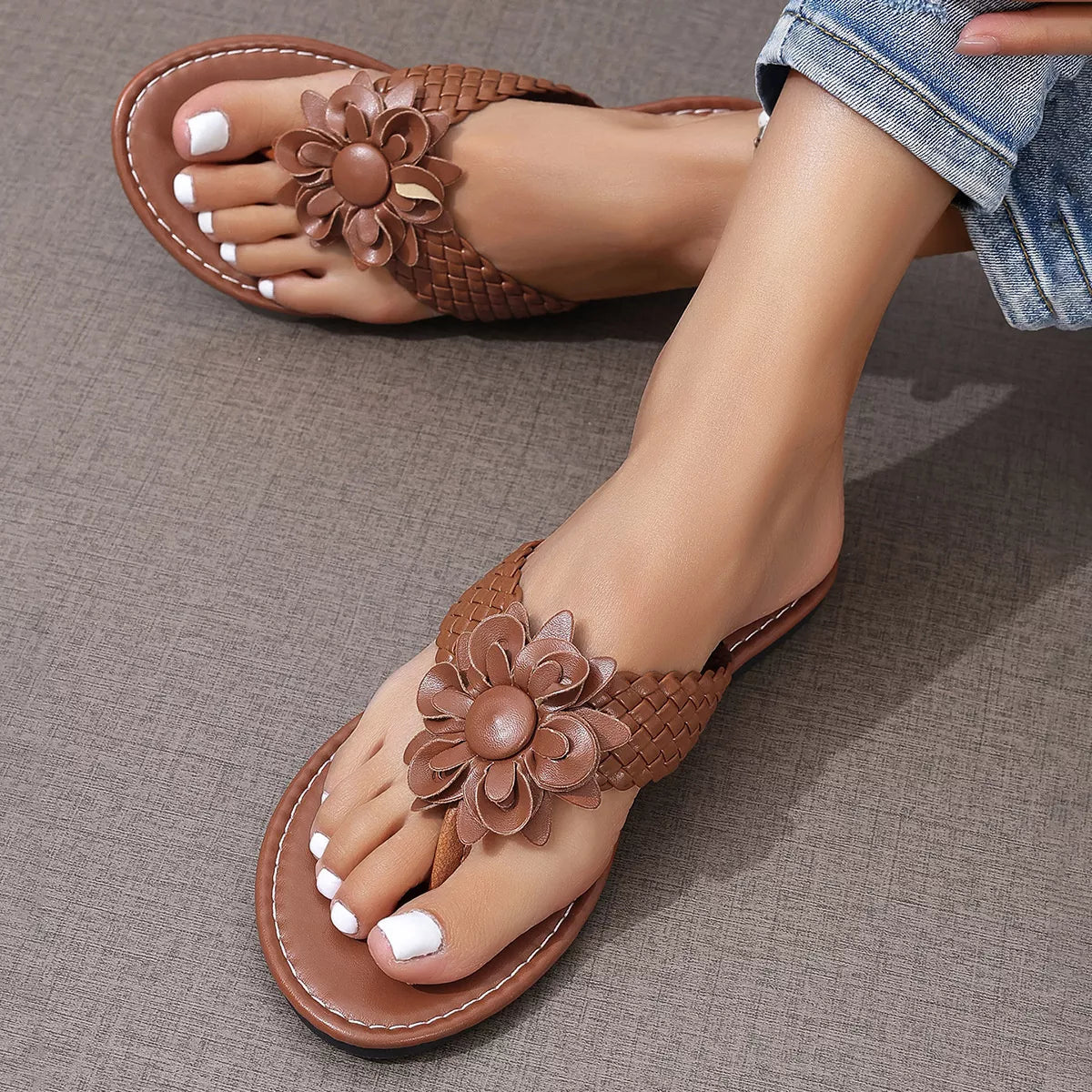 Shopimist flower toe post sandals with colorful floral straps and comfortable flat soles, perfect for summer wear.