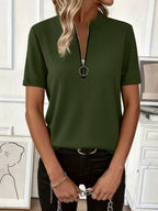 Women's ribbed short sleeve casual top with half zip from Trendsi, made of soft stretch fabric, perfect for relaxed styling.