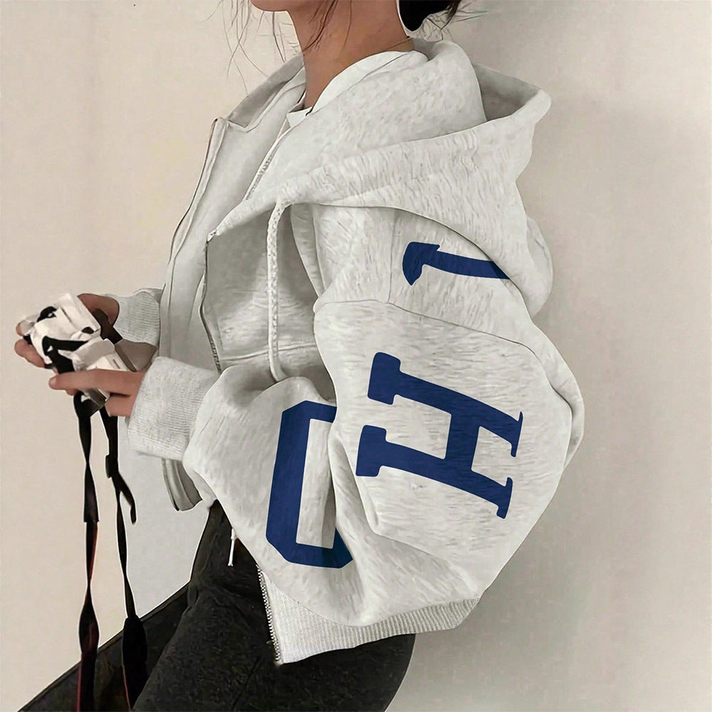 Women's FitiqueFit zip-up printed sweatshirt hoodie with long sleeves, casual jacket, featuring colorful floral pattern.