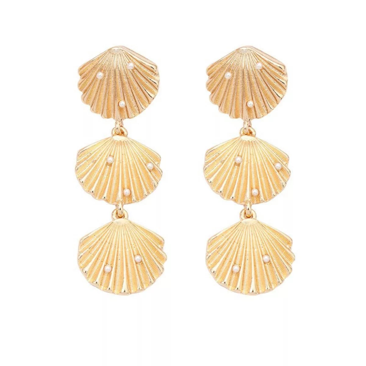 Seashell dangle earrings with pearl accents from Shopimist, featuring intricate shell designs and elegant hanging pearls