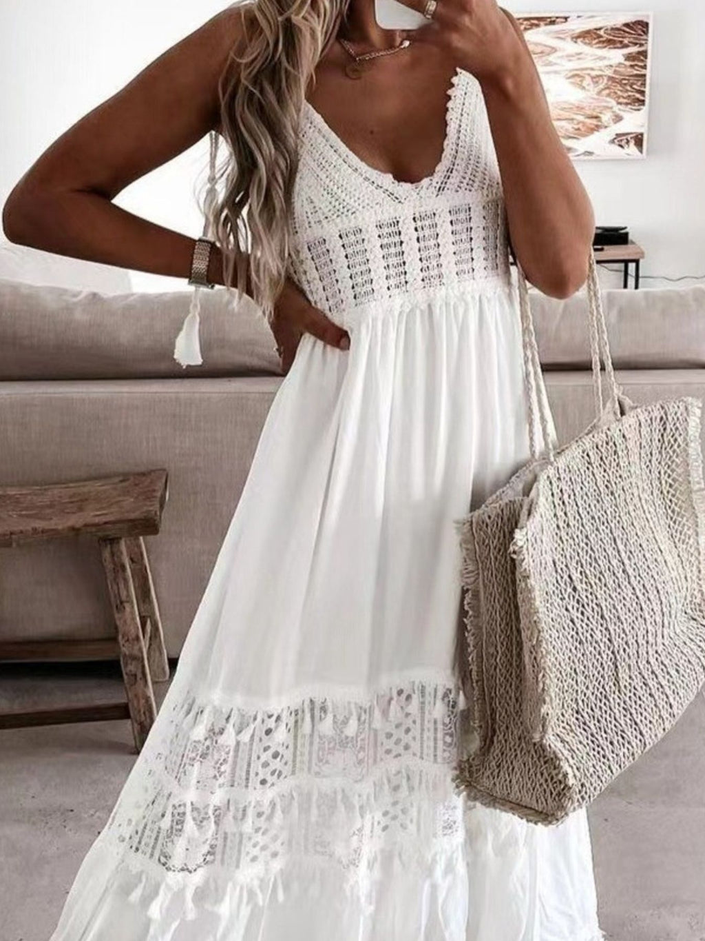 Plus size bohemian cami dress with crochet and tassel trim, flowy summer midi dress from Trendsi.