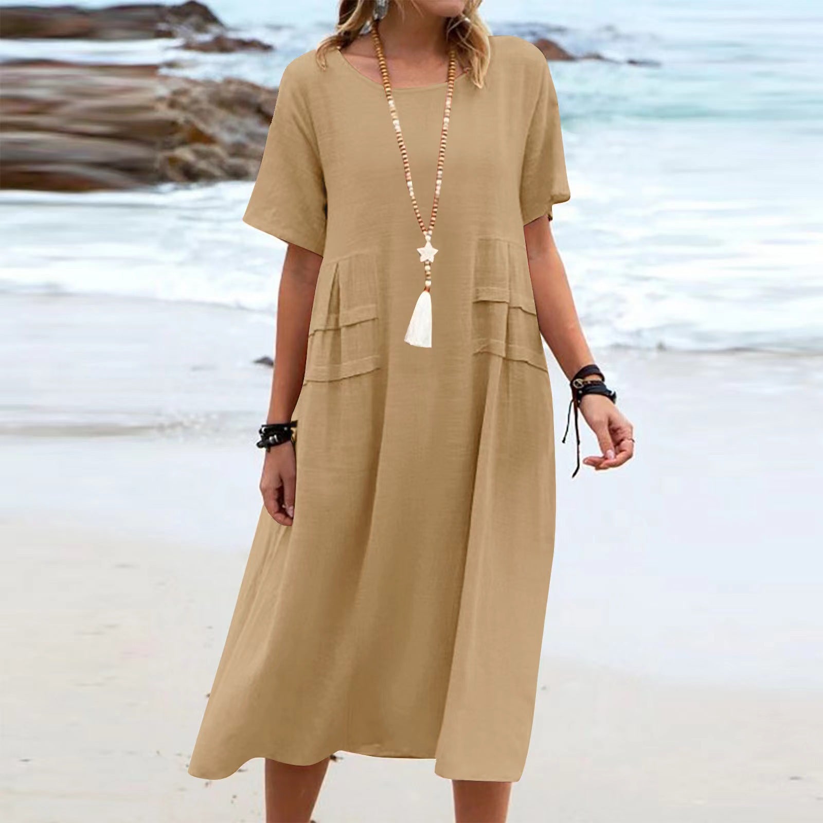 Women's casual cotton linen short-sleeve midi dress by Plush Fashion Hub, displayed on a hanger with a relaxed fit and neutral color.