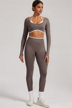 Fitglutes Activewear long sleeve crop top and leggings 2-piece set, stylish workout gymwear for active women.