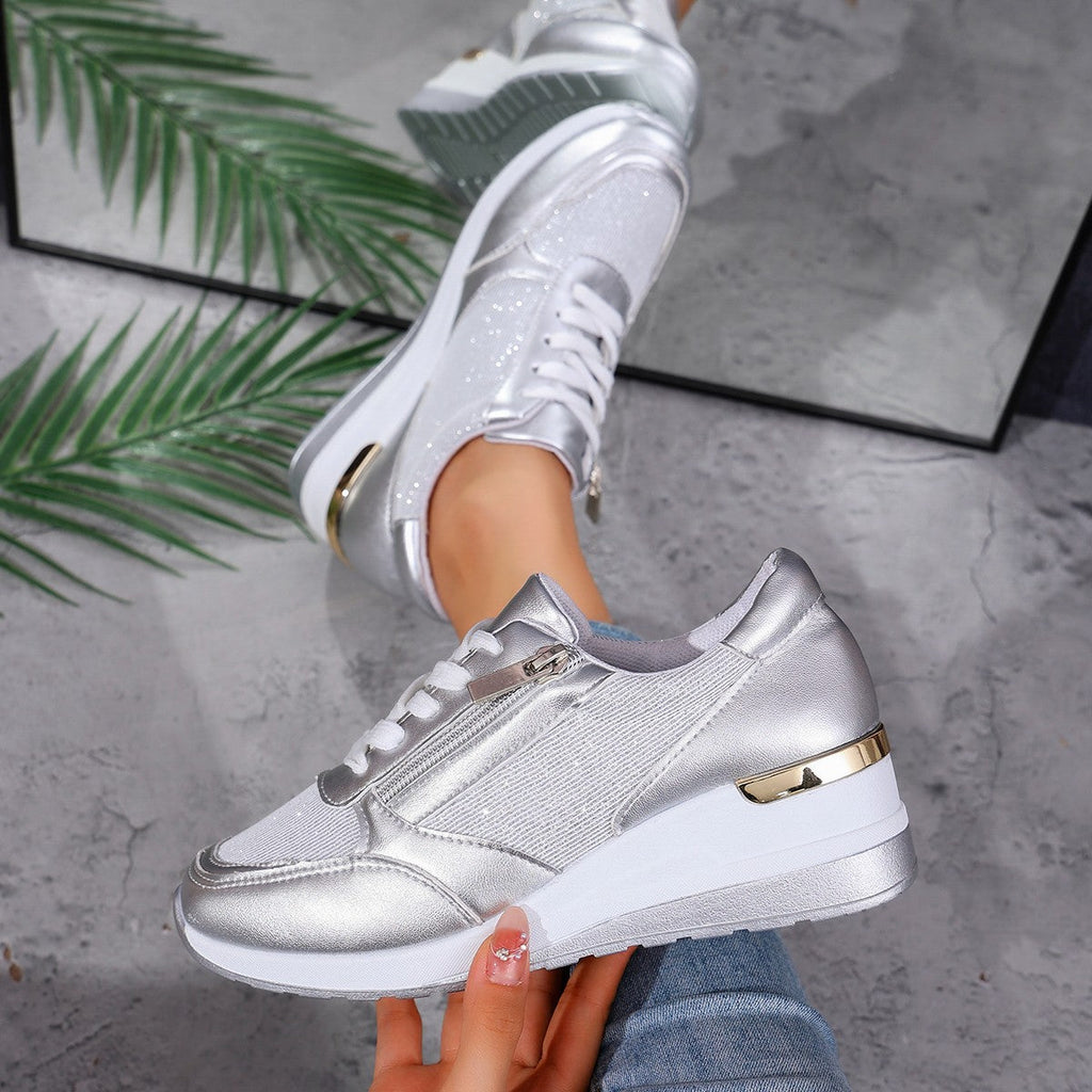 Metallic lace-up sneakers with side zipper and thick sole in three colors, EU sizes 37-44, by Plush Fashion Hub