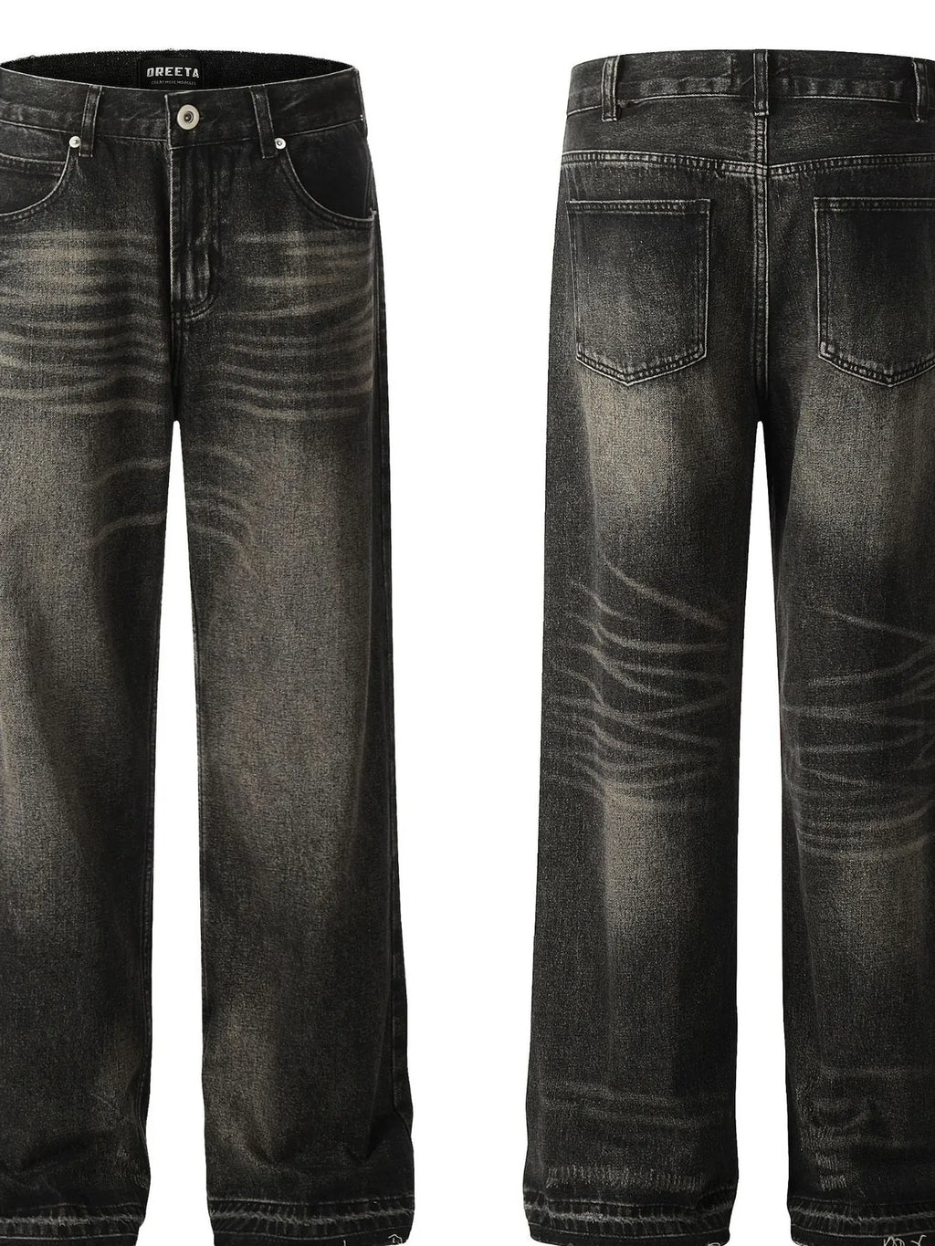 Men's vintage washed frayed hem denim jeans by Plush Fashion Hub, showcasing distressed details and classic fit.
