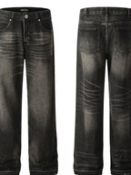 Men's vintage washed frayed hem denim jeans by Plush Fashion Hub, showcasing distressed details and classic fit.