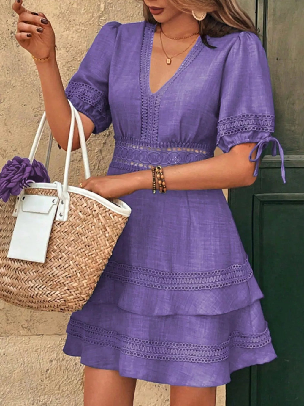 Lace detail V-neck mini dress from Shopimist featuring a fitted silhouette and elegant feminine design.