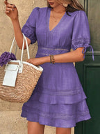 Lace detail V-neck mini dress from Shopimist featuring a fitted silhouette and elegant feminine design.