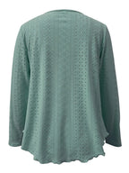 Elegant women's eyelet long sleeve blouse by Plush Fashion Hub featuring stretchy fabric and stylish design, ideal for office wear.