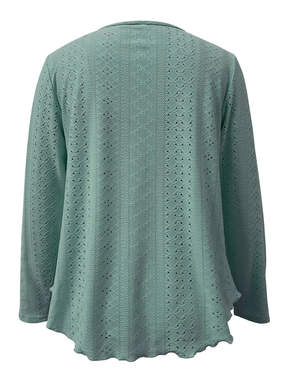 Elegant women's eyelet long sleeve blouse by Plush Fashion Hub featuring stretchy fabric and stylish design, ideal for office wear.