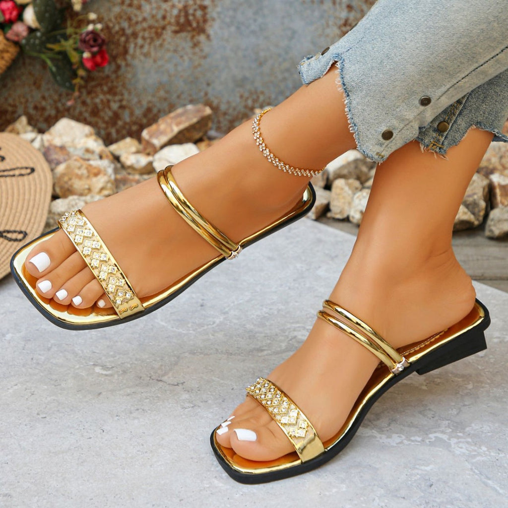 Shopimist rhinestone strappy flat sandals featuring sparkling embellishments and a comfortable flat sole.
