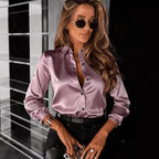 Women's drapey satin lapel shirt with long sleeves, casualwear from FitiqueFit, shown in a relaxed fit with elegant satin fabric.