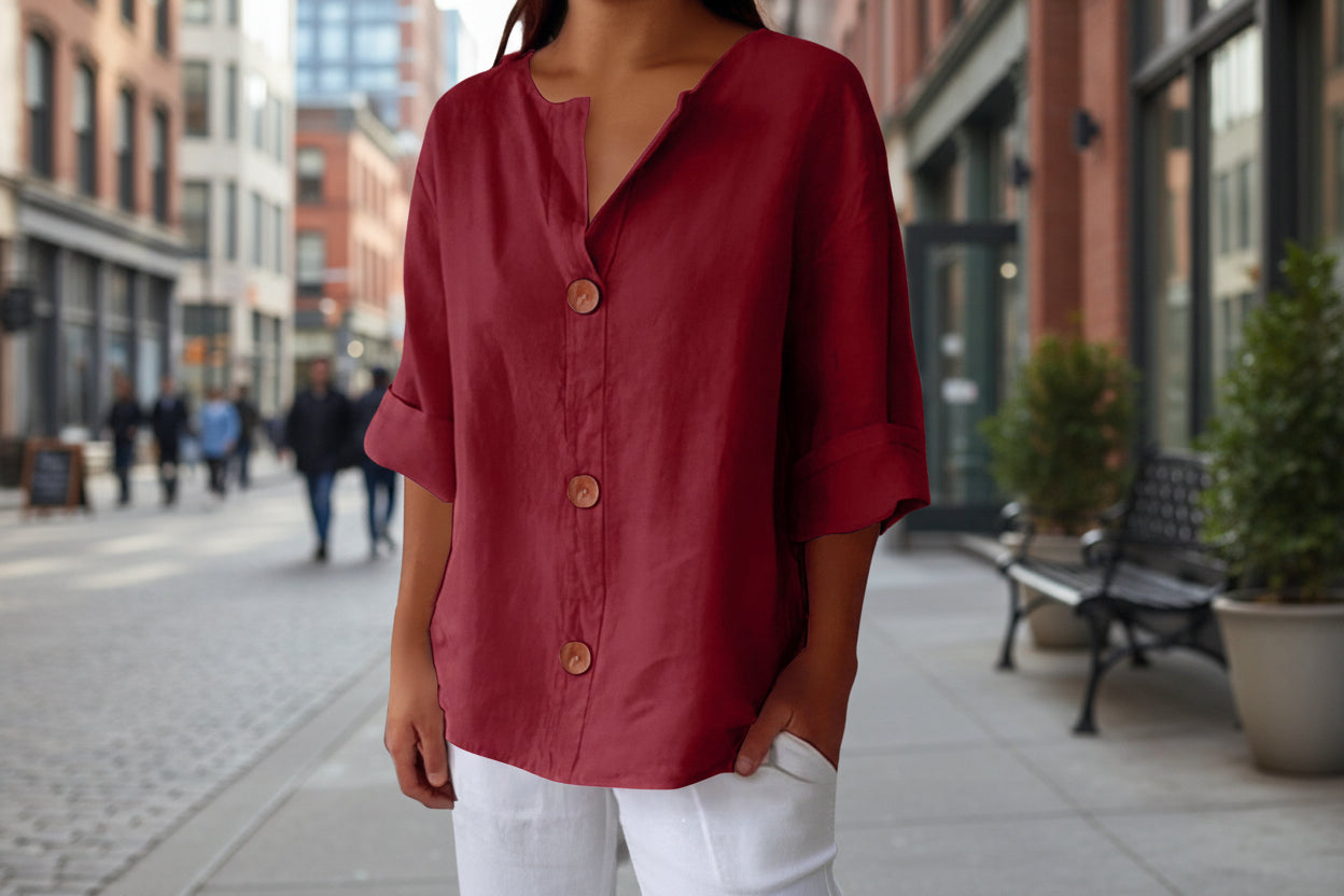 Women's V-neck buttoned blouse by FitiqueFit, casualwear, featuring a stylish V-neck and button details, perfect for everyday wear.