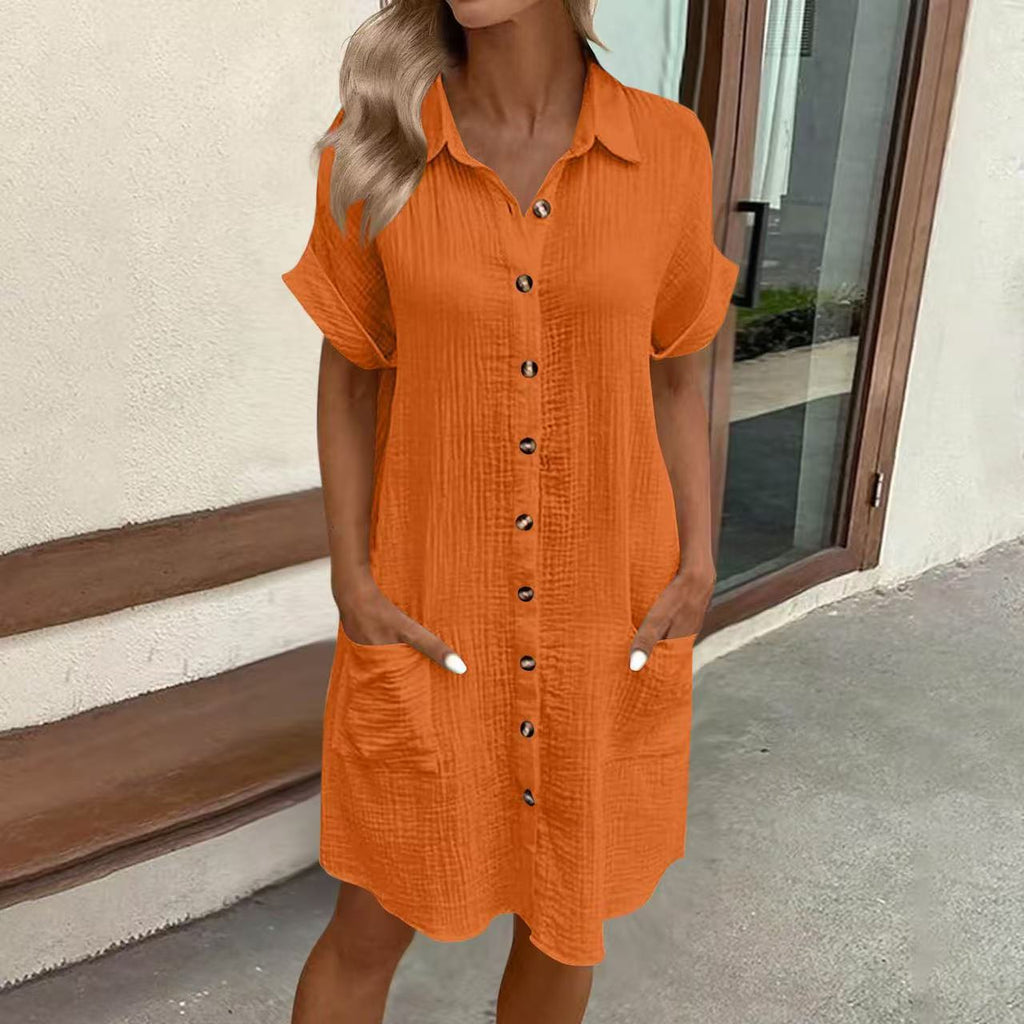 Women's casual FitiqueFit loose short-sleeve midi shirt dress with button-down front, lightweight and comfortable for everyday wear.