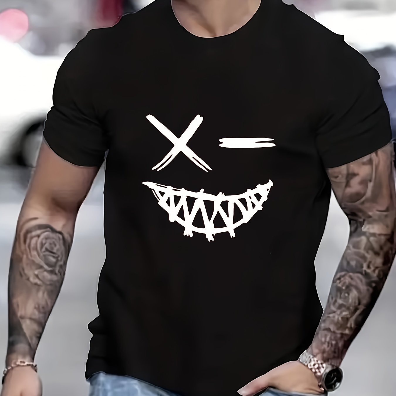 Men's Evil Smile Face Streetwear T-shirt by Plush Fashion Hub, trendy summer streetwear tee with bold graphic design.