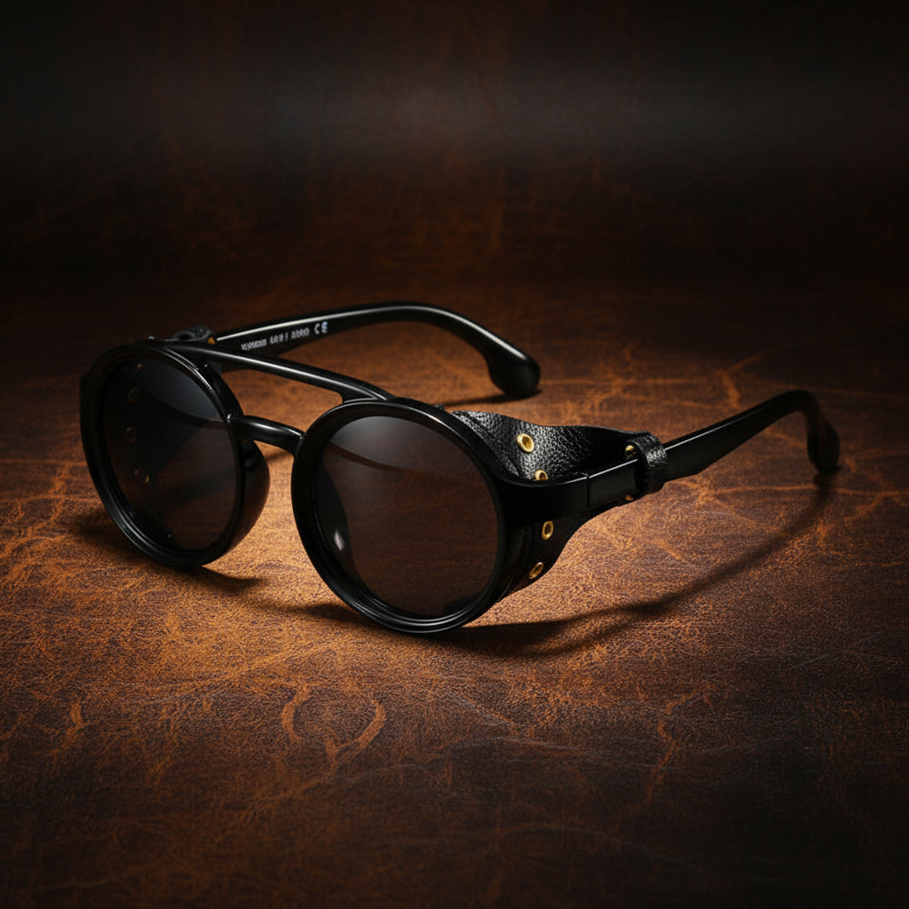 Retro round leather frame sunglasses by FitiqueFit featuring vintage-inspired eyewear with dark lenses and brown leather accents.