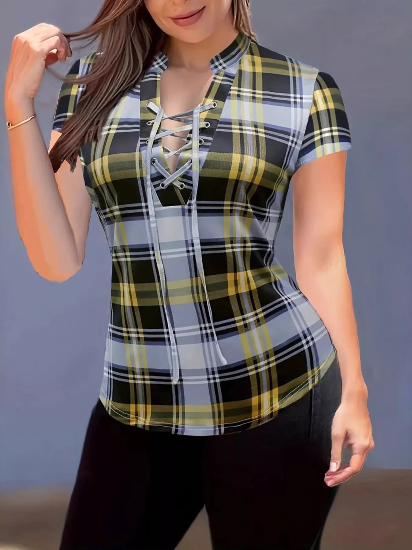 Plaid lace-up short sleeve blouse by Shopimist featuring a stylish pattern and casual fit, displayed on a hanger.