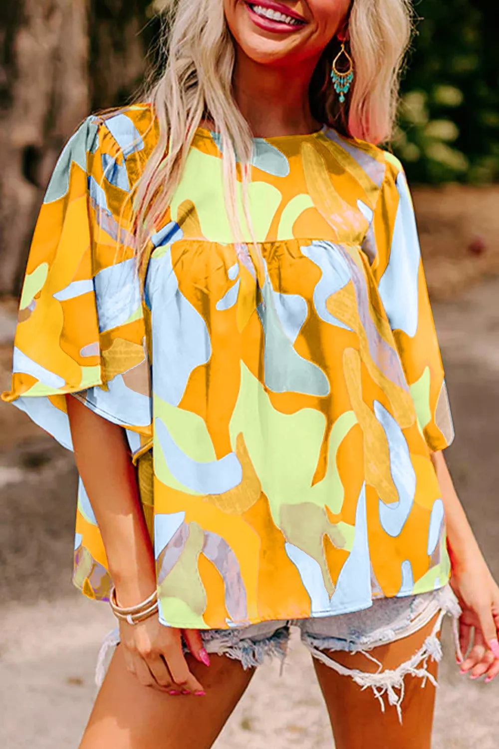 Multicolour abstract pattern wide sleeve crew neck blouse from Plush Fashion Hub, featuring vibrant colors and loose fit.