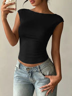 Lace detail cap-sleeve T-shirt from Trendsi, featuring a fitted top with delicate lace accents and a versatile design.