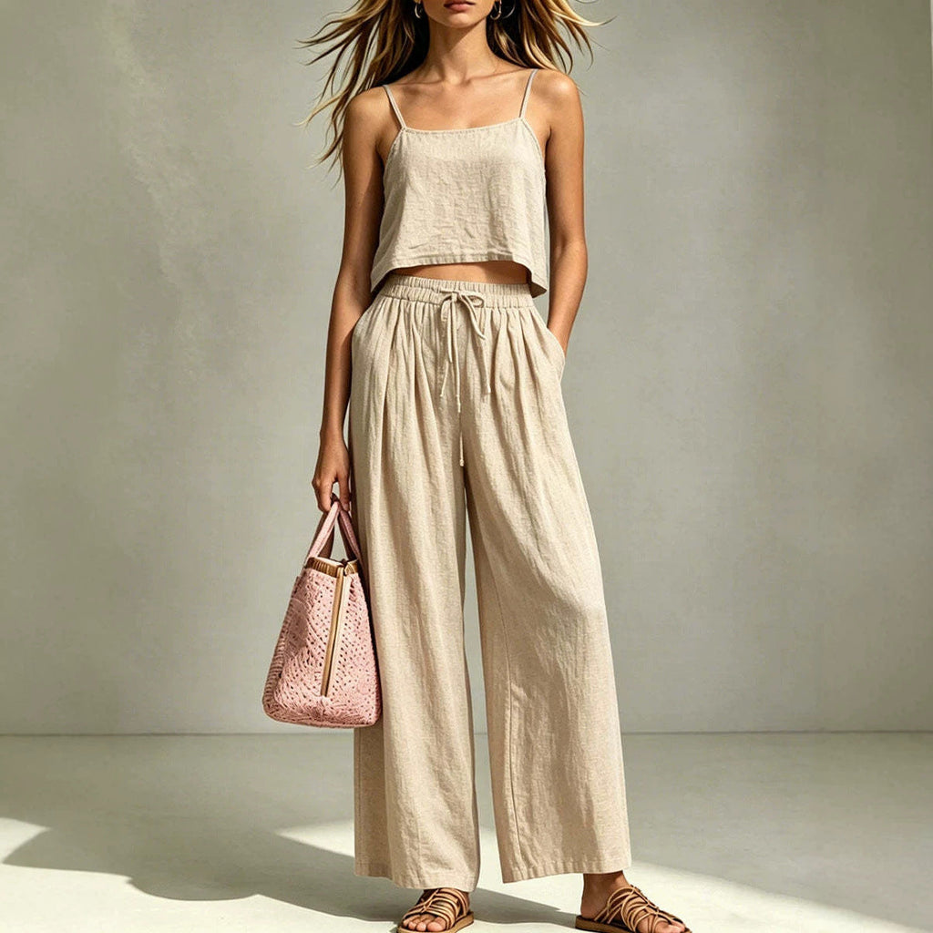 Women’s camisole and wide-leg pants two-piece set in casual summer style from Plush Fashion Hub, featuring a sleeveless top and flowing trousers.