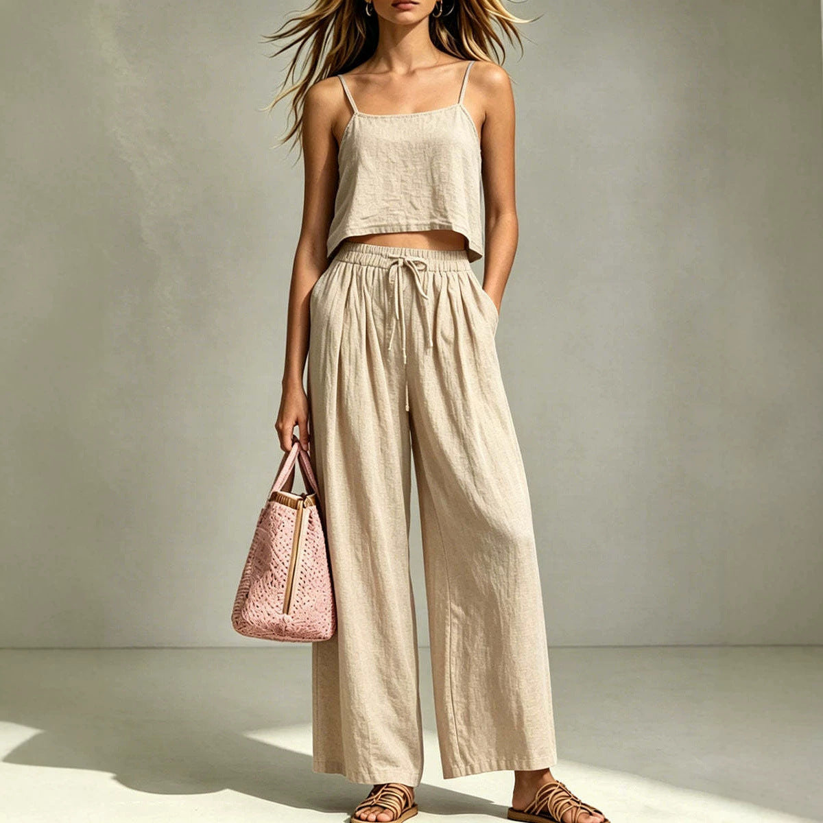 Women’s camisole and wide-leg pants two-piece set in casual summer style from Plush Fashion Hub, featuring a sleeveless top and flowing trousers.