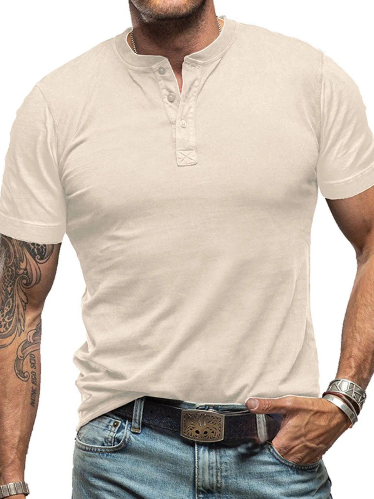 Men's classic Henley short sleeve polo T-shirt by Trendsi, featuring a crew neckline and casual fit, shown in a neutral color.