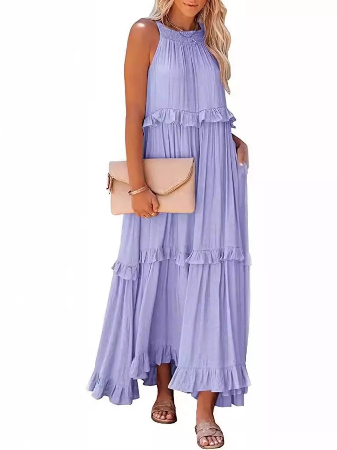 Plush Fashion Hub ruffled tiered sleeveless maxi dress with flowing fabric and elegant design, perfect for summer outings.