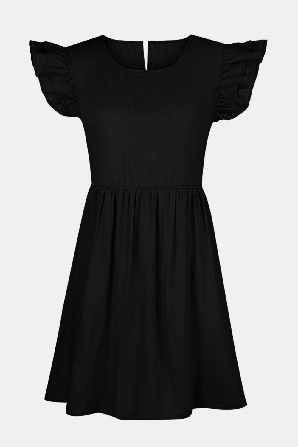 VYSN denim dress with ruffled round neck, cap sleeves, and full-length design, perfect for casual fashion.
