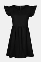 VYSN denim dress with ruffled round neck, cap sleeves, and full-length design, perfect for casual fashion.