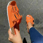 Frayed edge buckle sandals from Shopimist featuring tan leather straps and adjustable buckle closure.