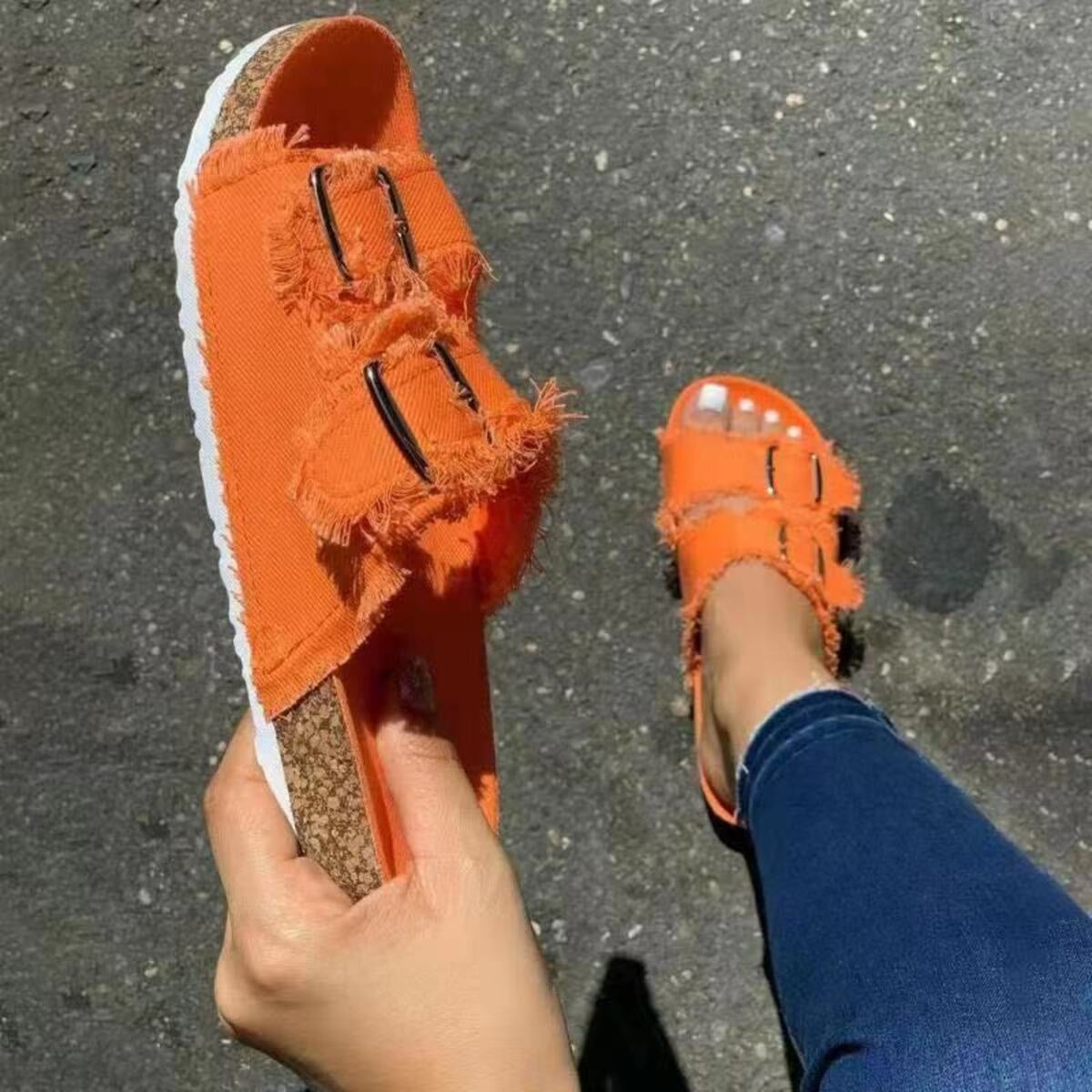 Frayed edge buckle sandals from Shopimist featuring tan leather straps and adjustable buckle closure.