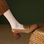 Women's plush sheepskin square toe chunky heel pumps by Plush Fashion Hub, featuring retro high heel dress shoes in neutral tones.